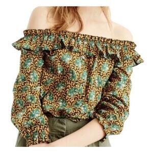 J. Crew Ratti Elephant Print off the Shoulder Top Blouse in Yellow Size 4